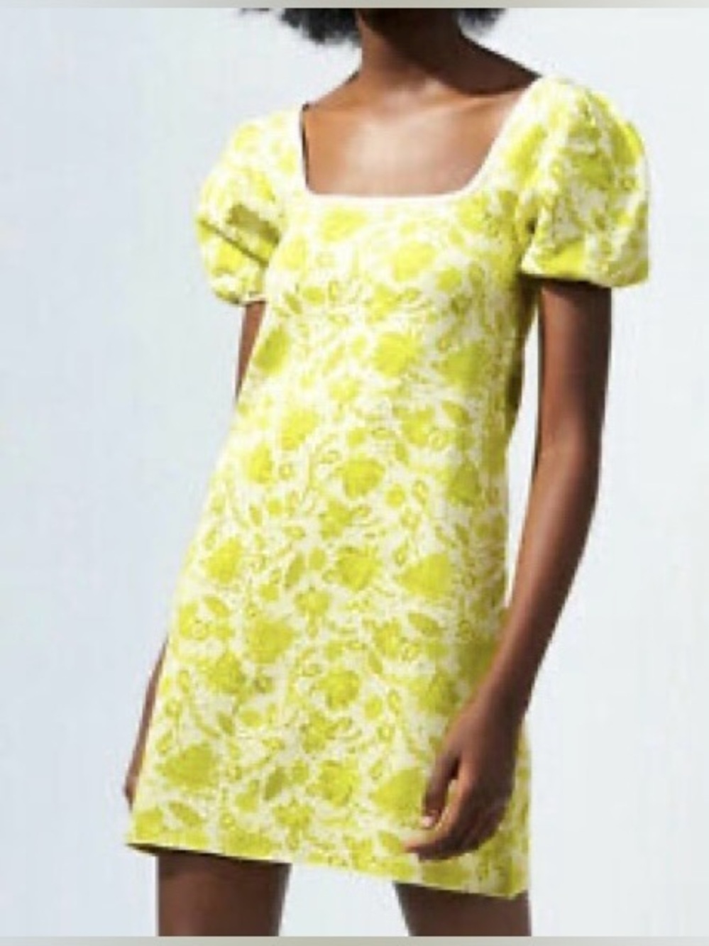ZARA Lime Green Floral Leaf Jacquard Knit Puff Sleeve Mini Dress Size Small